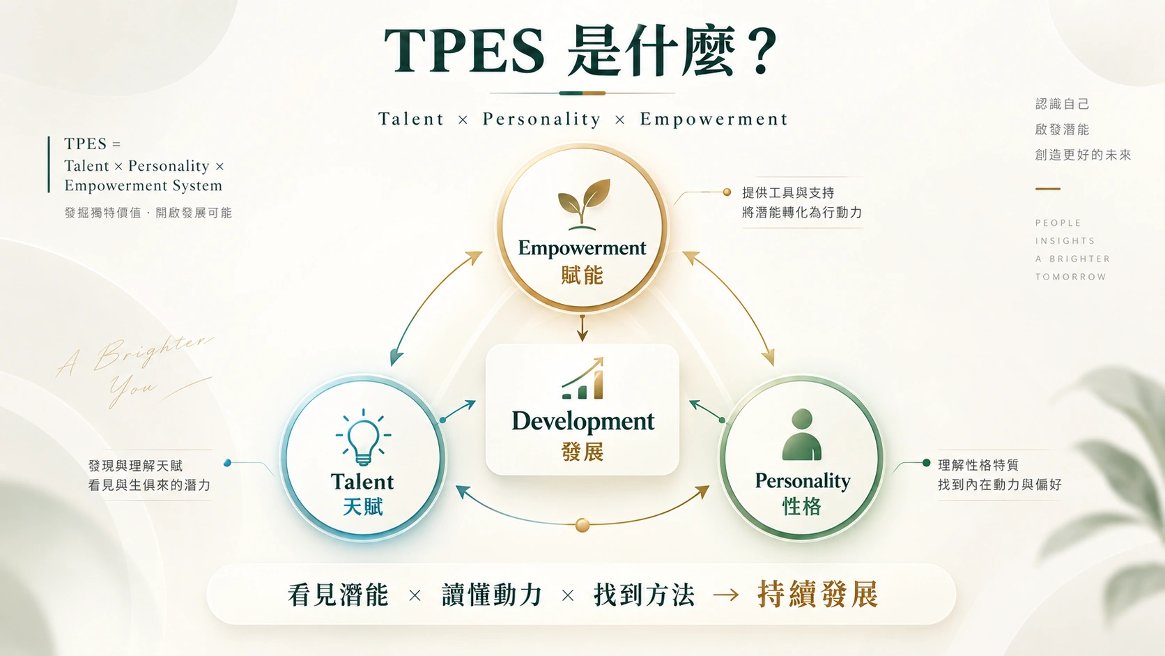 TPES 將天賦、性格與賦能連成持續發展:發現潛力、理解動力、提供工具與支持。